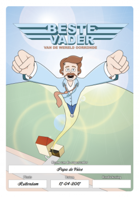 Oorkonde met papa in het midden met handen omhoog