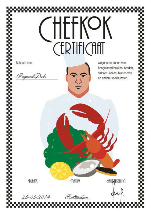 Man met wit chefmuts en kreeft in de hand