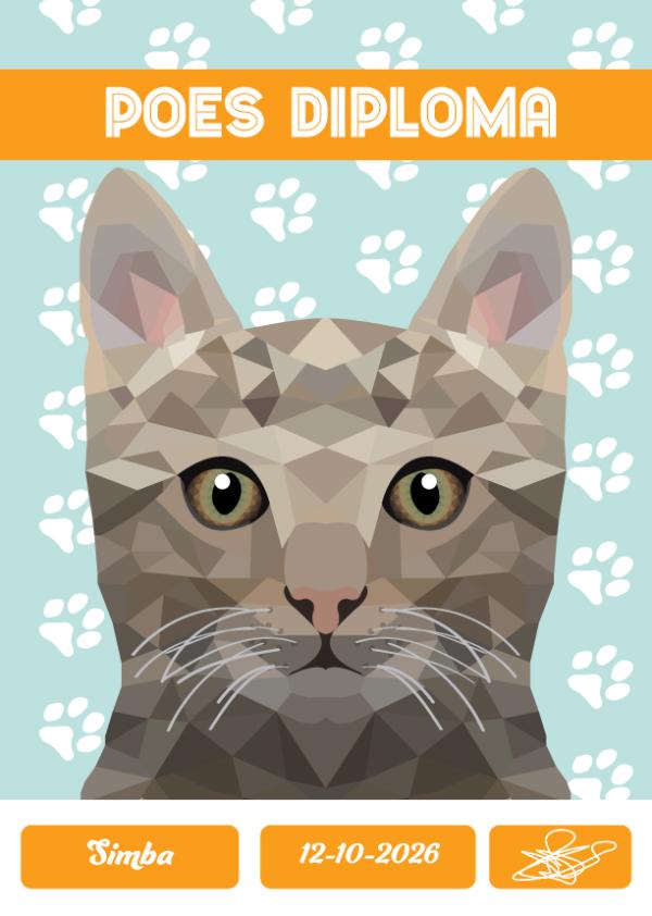Diploma met pootjesafdruk en afbeelding kat 